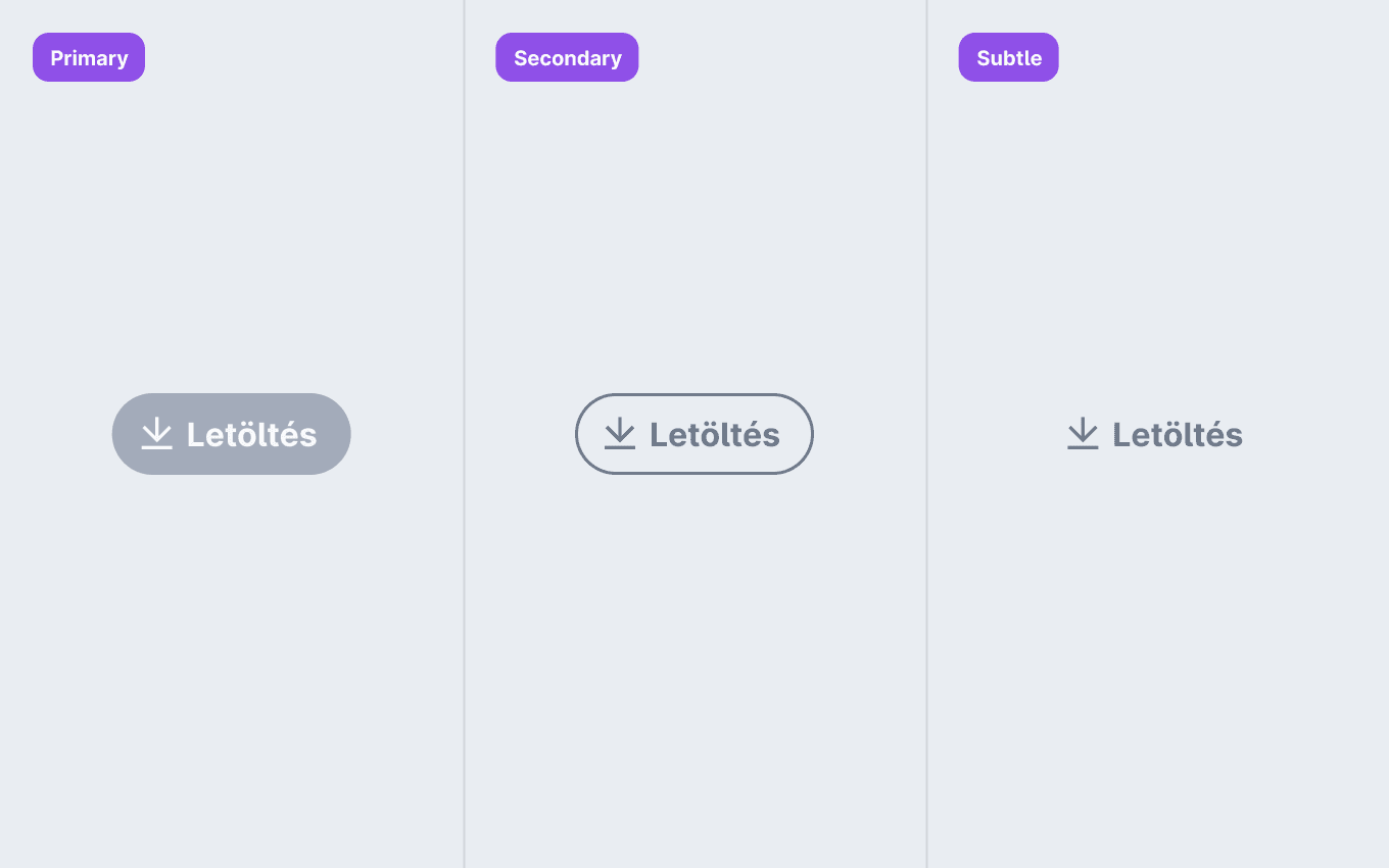 A gomb három variációja (primary, outline és subtle) halványszürke színekkel.