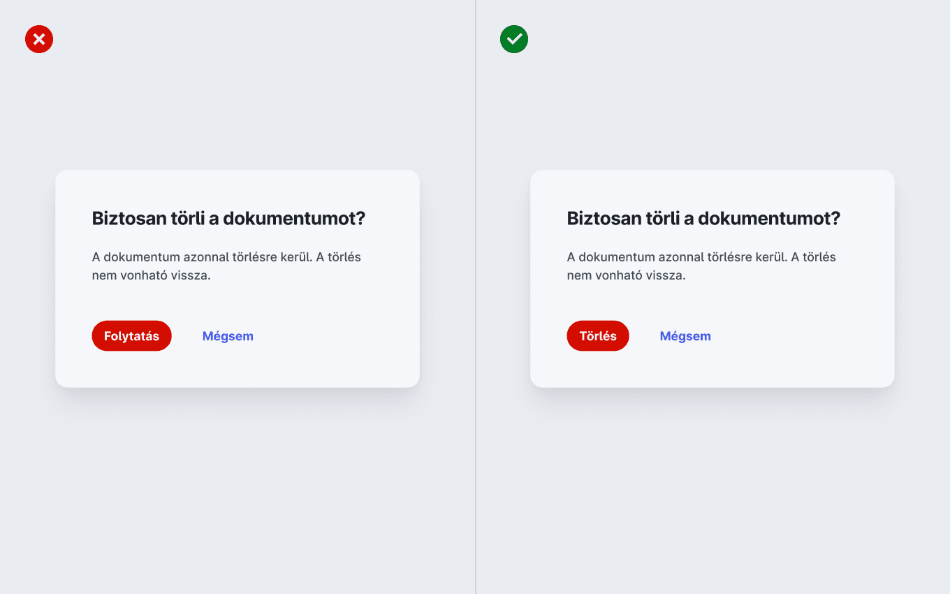 Két modális ablak amelyek dokumentum törlésre kérnek megerősítést. Az egyiken helytelenül Folytatás van írva a gombra, a másikon helyesen Törlés.