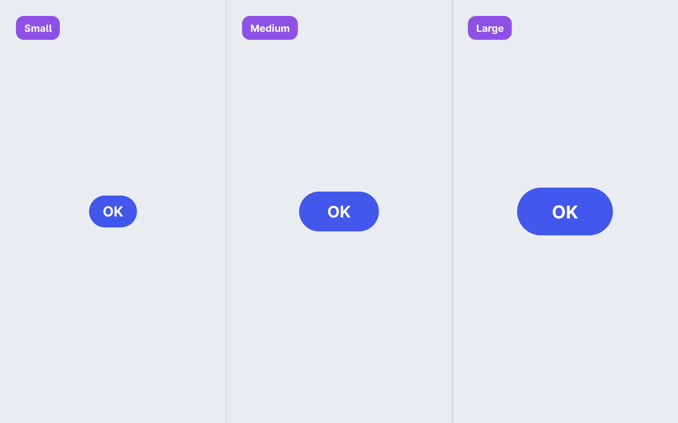 A primary gomb három méretben (small, medium és large). A gombok szöveg 'OK' és mindegyik esztétikus szélességű.