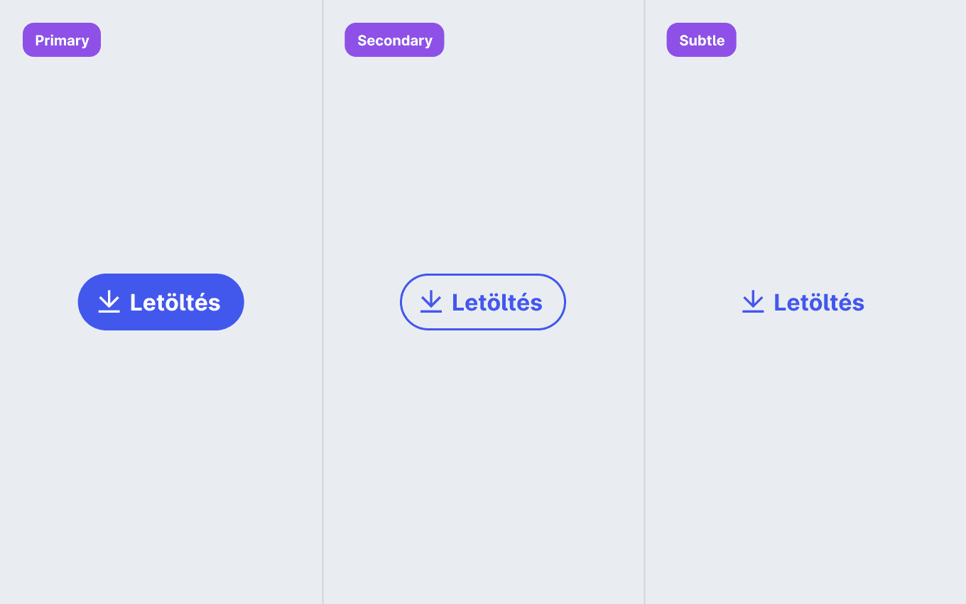 Három gomb: A primary kék háttérrel, az outline csak kerettel és a subtle halvány szürke háttérrel.