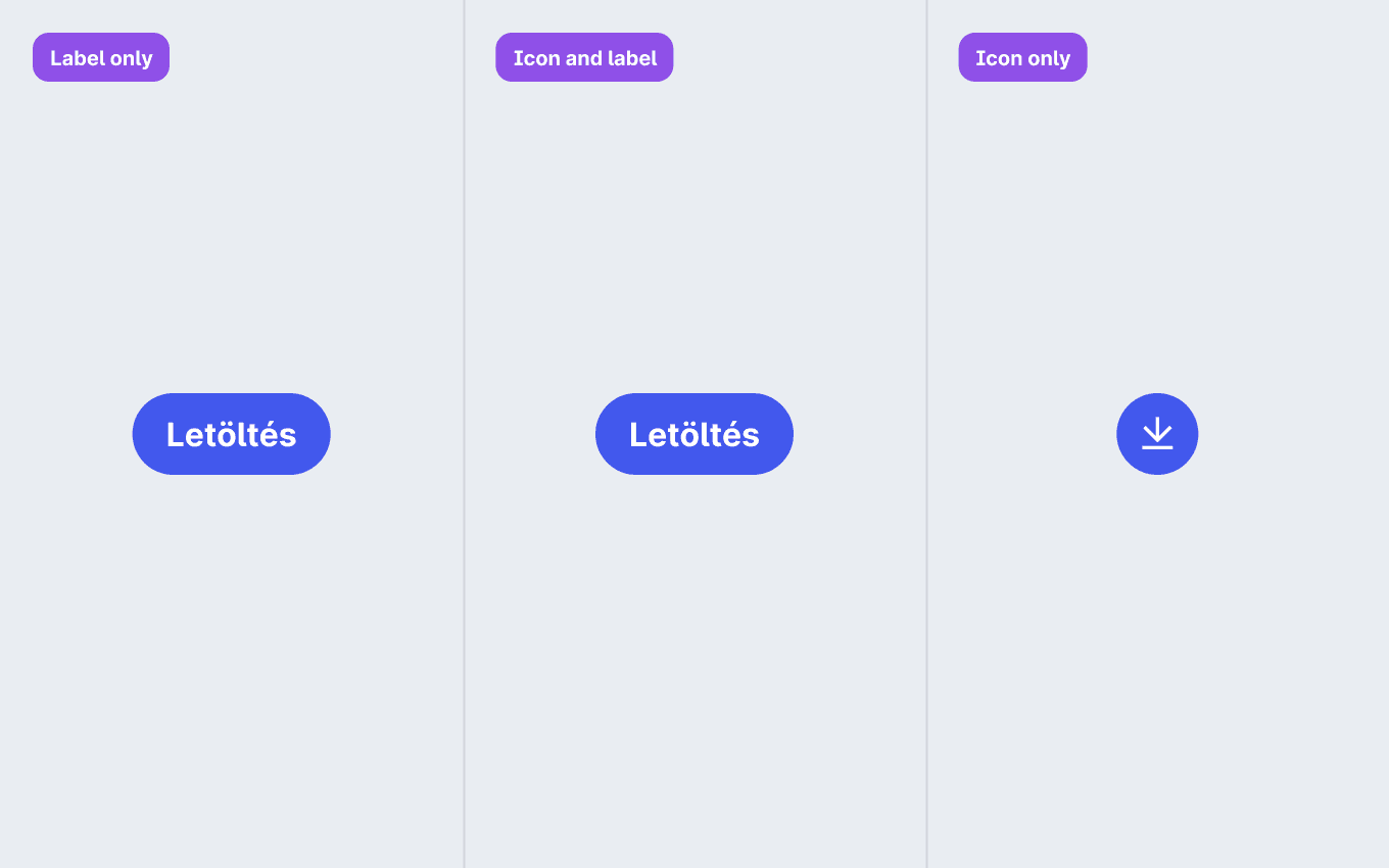 Három gomb: egy csak szöveget, egy ikont és szöveget és egy csak ikont tartalmazó.
